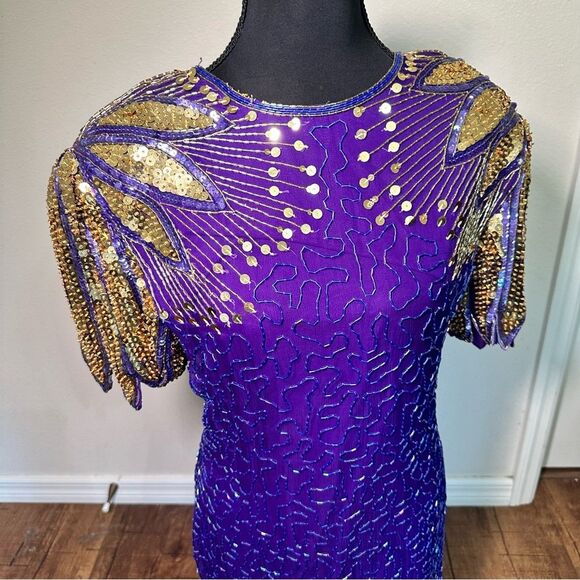 Laurence Kazar Silk Purple and Gold Embellished Sheath Dress - Picture 4 of 10